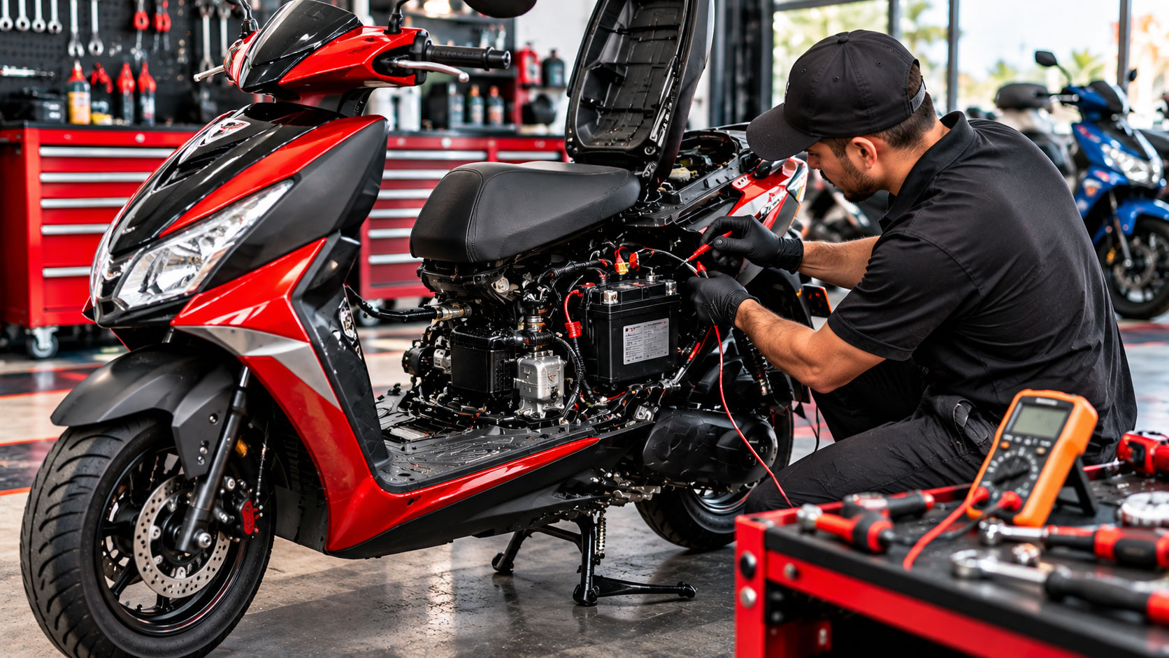 Mechanic inspecting a gas scooter