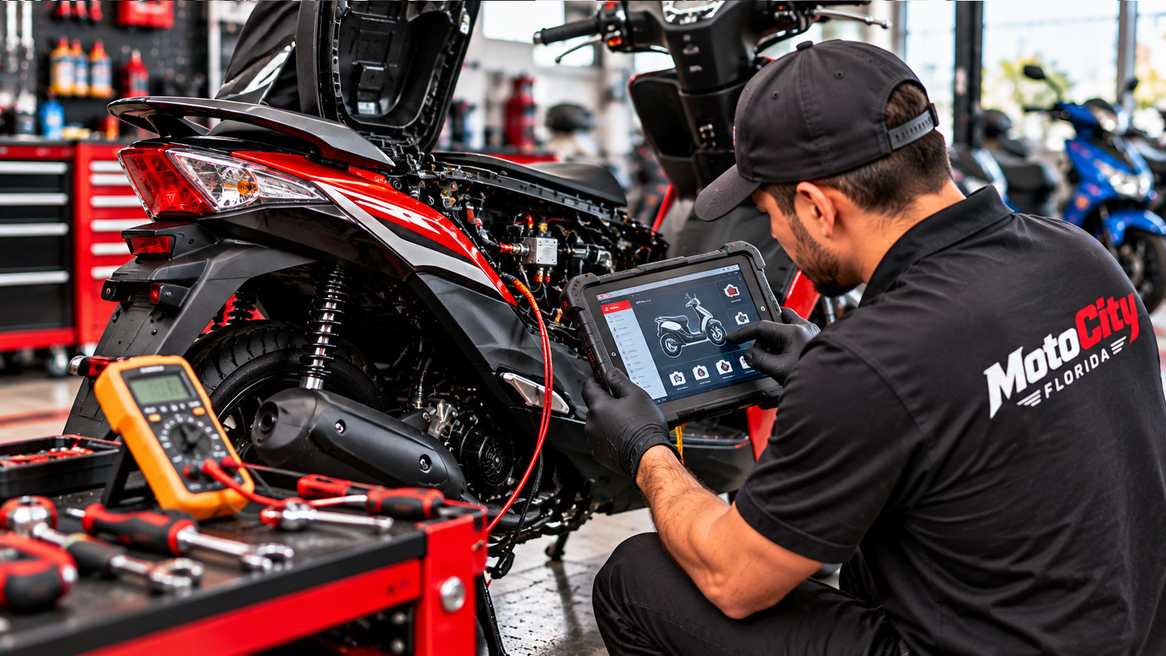 Mechanic carrying out scooter diagnostics
